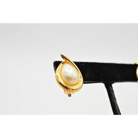 FO Vintage Earrings Clip Pearl Teardrop Gold Fernando Original Signed NOS 80s 9L - Picture 7 of 8